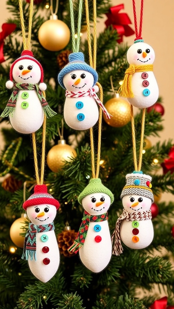 Handmade snowman ornaments with colorful scarves and hats hanging on a Christmas tree.